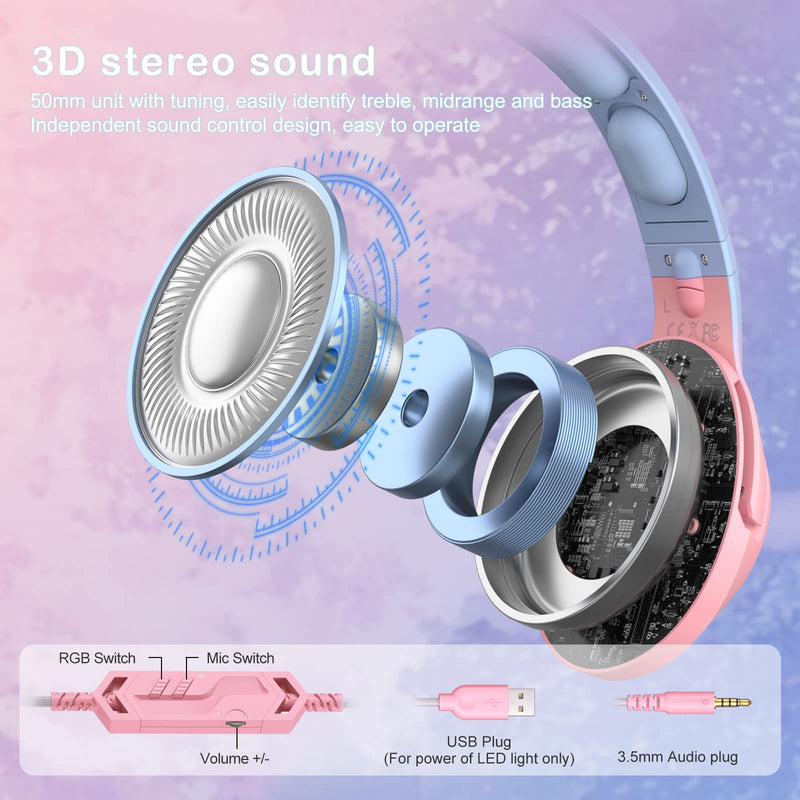 PHNIXGAM Gaming Headset for PS4, PS5, Xbox One(No Adapter), Cat Ear Headphones with Noise Cancelling Microphone, RGB Backlight, Surround Sound for PC, Mobile Phone, Gradient Pink Blue