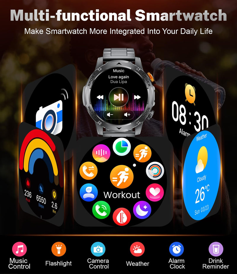 Military Smart Watches for Men(3 Bands),1000mAh/1.75" HD Large Screen Smartwatch, Flashlight/110+ Sports Modes/IP68 Waterproof/Sleep Monitor Fitness Tracker Watch for Android iOS,Gunmetal EF12-G