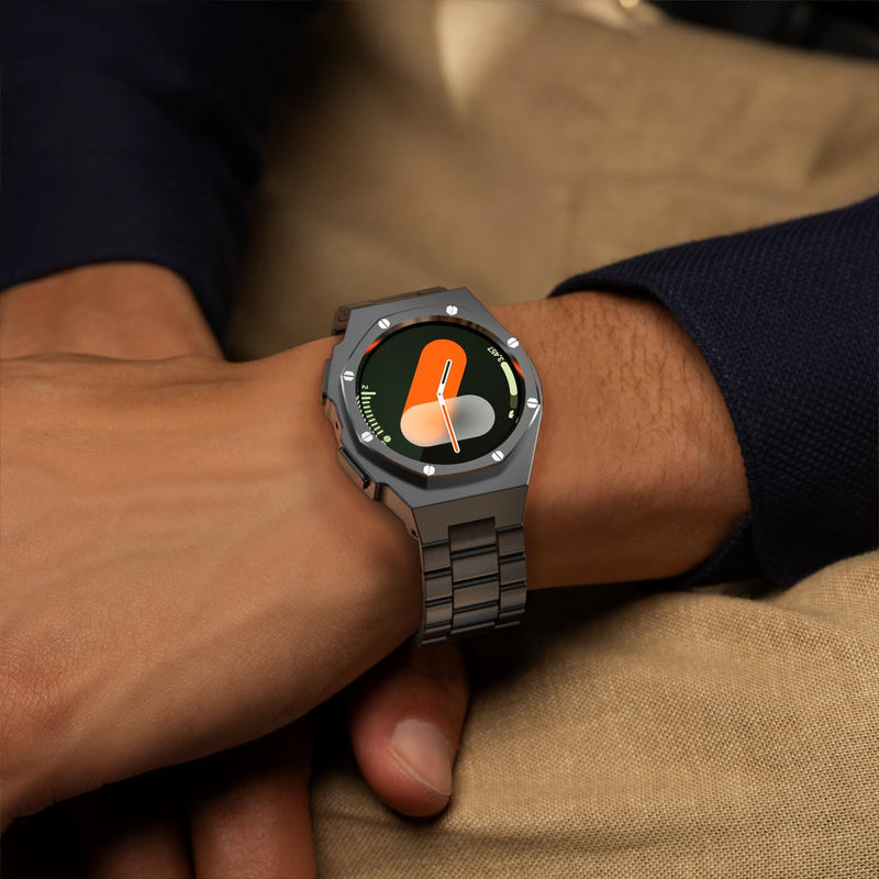 Luxury Case with Band Designed for Samsung Galaxy Watch 7 44mm 2024, Rugged Military Protective Metal Bumper Cover with Tactical Stainless Steel Strap for Men Black