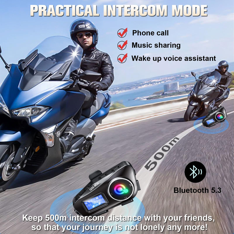 Motorcycle Intercom Helmet Bluetooth Headset with Mic IP65 Waterproof Noise Cancelling 500m Range Intercom Headphones with Microphone Helmet Motorcycle Hands-Free Communication System Universal Fit Black