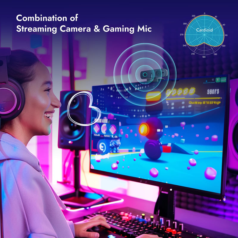 2K Streaming Camera, RC28 ProMiCam 1080p 60fps Webcam with Gaming Mic, Omnidirectional&Cardioid Pattern,Adjustable FOV, TOF Autofocus, Landscape/Portrait Mode, Web cam for Streaming/Gaming