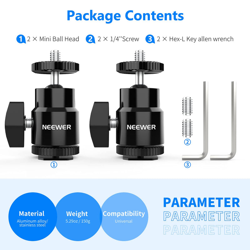 [AUSTRALIA] - NEEWER Mini Ball Head with Cold Shoe & 1/4” Screw, 2 Pack, 360° Swivel 90° Tilt Ballhead Camera Mount Hot Shoe Adapter for Camera, Camcorder, Smartphone, LED Video Light, Microphone, Ring Light, ST17 ST17（2-Pack） 