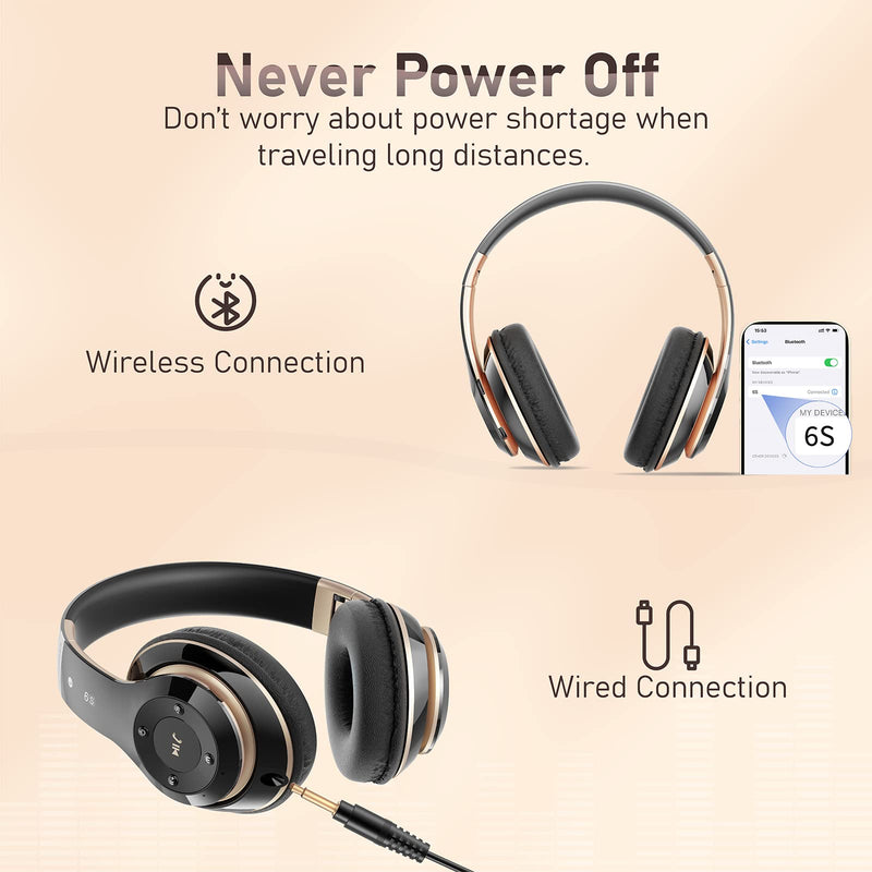Bluetooth Headphones Over Ear, 6S Wireless Headphones Wired with 6 EQ Modes, 40 Hours Playtime Foldable HiFi Stereo Headset with Microphone, FM/TF for Cellphone/PC/Work (Black & Gold) Black & Gold