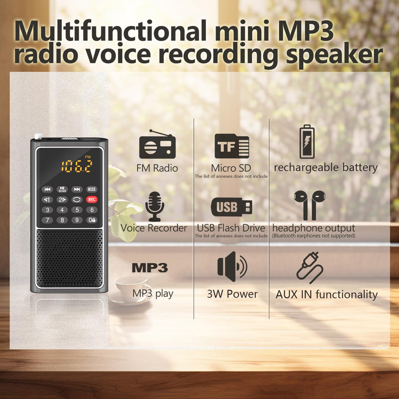 B01 Mini Portable FM Radio USB Player, TF/SD Card/USB Slot Support Mp3 Play Rec,Pocket Walkman Small Radio with Lock Key,Wristband,Rechargeable Battery Operated, Excellent Reception and Sound BLACK
