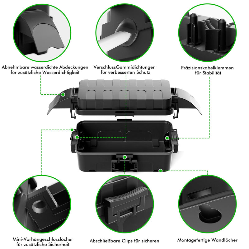 RESTMO Outdoor IP55 Waterproof Cable Box with Removable Shield Covers, Weatherproof Electric Box for Extension Cable, Garden Sockets, Christmas Decorations, Outdoor Timer, Black 1 Stück