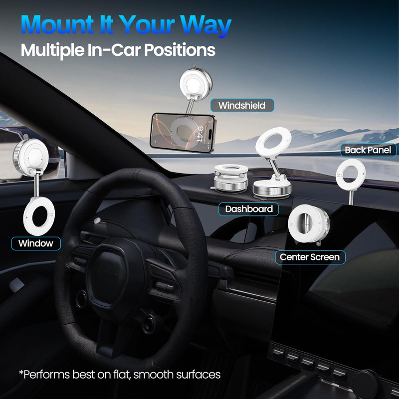 Jikasho Magnetic Phone Holder for Car, Suction Cup Phone Mount for Magsafe | 360° Adjustable Vacuum Car Phone Mount, Hands-Free Phone Holders for Your Car for iPhone 17 Pro Max 16 15 14 13 12 Air Plus White