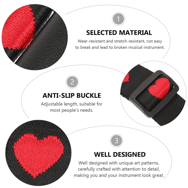 Vaguelly Guitar Strap, Adjustable Nylon Shoulder Strap with PU Ends, Embroidery Guitar Shoulder Strap Red Heart Patterned