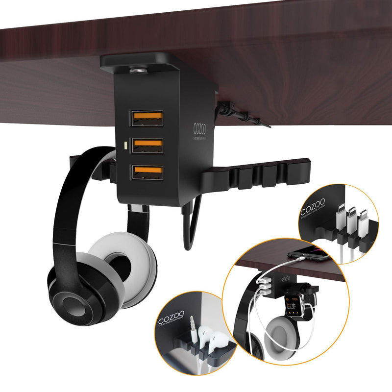 Headphone Stand with USB Charger COZOO Under Desk Headset Holder Mount with 3 Port USB Charging Station and iWatch Stand Smart Watch Charging Dock Dual Earphone Hanger Hook,UL Tested Black