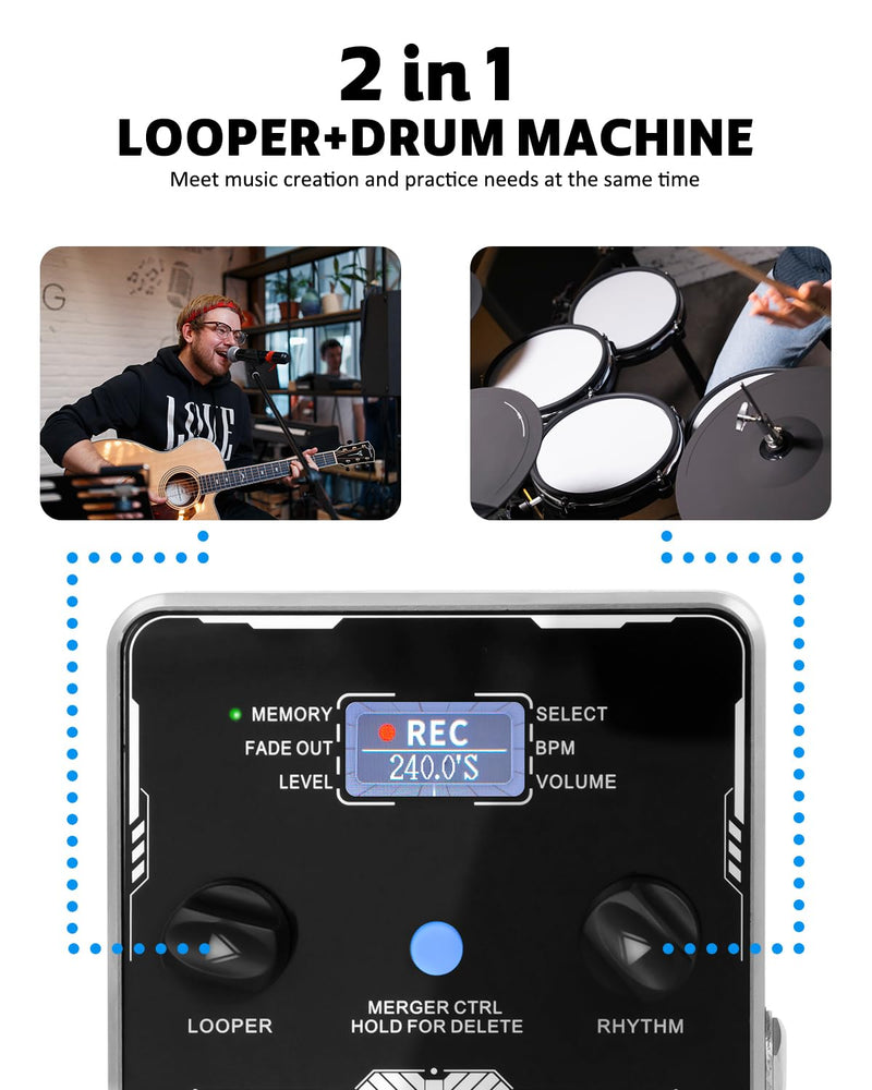 STRICH Stereo Looper Pedal Guitar Pedal with Built-in Drum Machine, 100 Diverse Drum Patterns, 160 Minutes Recording Time, USB for Audio Upload or Download, Support Footswitch Control
