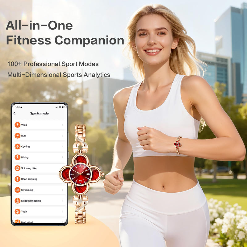 Red Clover Design Smart Watch for Women, Elegant Quartz Fitness Tracker with 24/7 Heart Rate SpO2 Monitor, Sleep Tracking, IP68 Waterproof Smart Bracelet, Message Notifications for Android iPhone