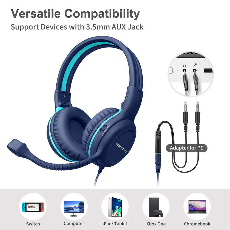 SIMOLIO Wired Headphones for School with Microphone, Stereo Kids Headphone with Flexible Swivel Boom Mic for Student K12 & Teacher & E-Learning, 3 Levels Volume Limiter Gaming Headsets for Boys, Girls Blue