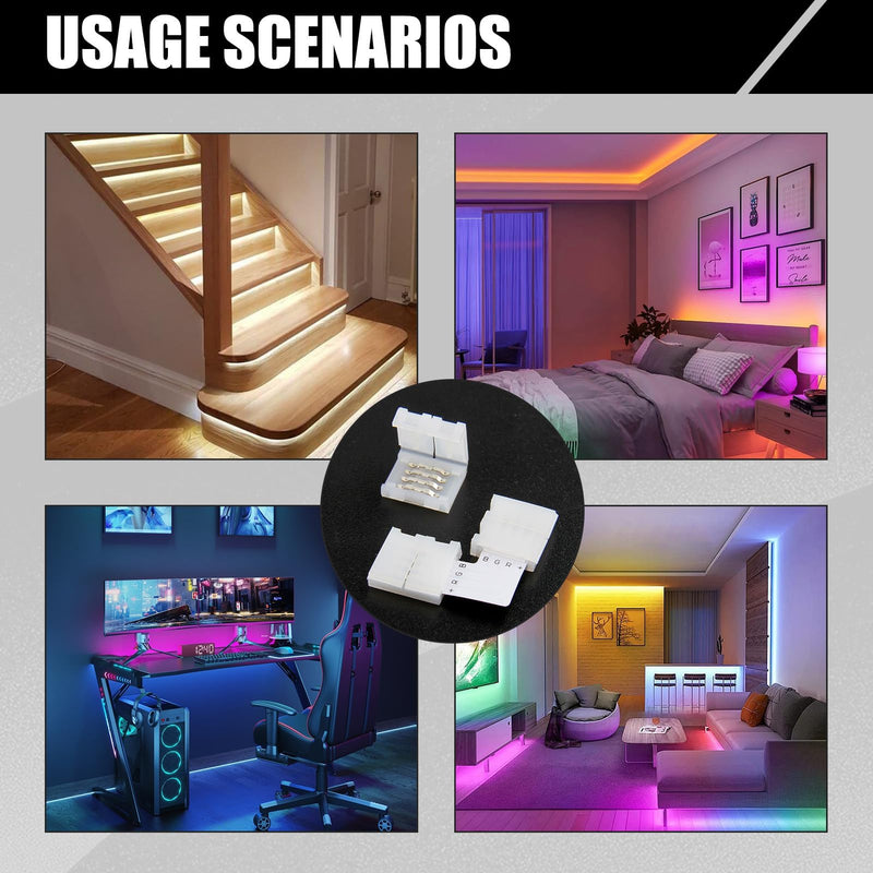 Pack of 20 4-Pin 10 mm LED Connector for SMD 5050 RGB LED Strips, 10 Pieces L-shaped Corner Connector and 10 Pieces LED Strips, Quick Connector, 4-Pin 10 mm RGB Strip Connector Solderless