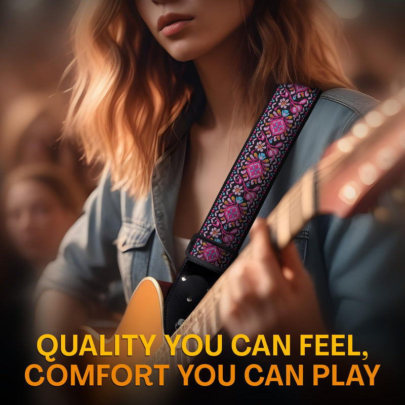 Art Tribute Guitar Strap For Acoustic, Electric and Bass Guitar, Adjustable Pink Woven Strap W/FREE BONUS 2 Picks + Strap Locks + Strap Button. Gift Set For Men & Women Guitar Players Non Personalized