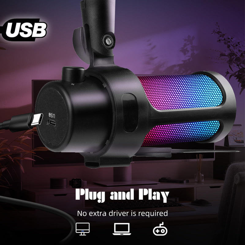 VCOM Gaming USB Microphone Kit,Condenser Dynamic Boom Arm Mic for Podcasting,Streaming, with Boom Arm Stand,Quick Mute,Pop Filter,RGB Indicator,Shock Mount,Rotate gain Button, Compatible with PS4/5/PC
