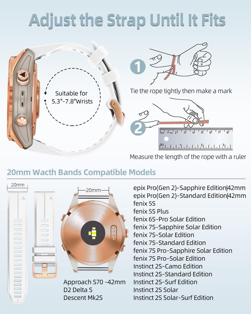 20mm Watch Band for Garmin fenix 5s 6s 7s, Quickfit 20 Bands Rose Gold Silicone WHITE and SEA FOAM Bundle