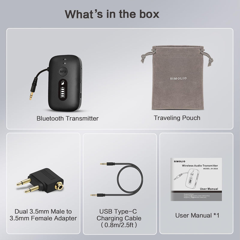 [AUSTRALIA] - SIMOLIO Airplane-Bluetooth-Adapter for AirPods/Headphones, 20 Hr Battery, Supports 2 Earbuds/Wireless Headphones, 3.5mm AUX Wireless Audio Transmitter for TV, Gym Equipment, Controller, MP3 Player 