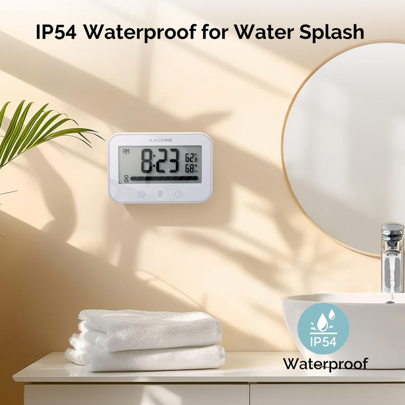KADAMS Shower Timer Clock Waterproof Bathroom Timer – Digital Wall Clock with Countup & Countdown, Kitchen Clock with Temperature, Suction Cup for Kids Shower Spa Cook Bath (Black, Rectangular)