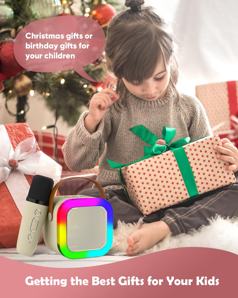 Mini Karaoke Machine Speaker for Kids, Toys for Girls Boys Friends Age 3-12+, Birthday Gifts Portable Bluetooth Speaker with Wireless Mics for 5 6 7 8 9 10 11 Years Teens Girl Boys, Beige Beige- 2-Mic