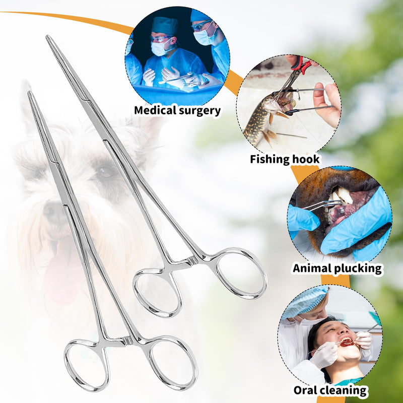 Pack of 2 Piercing Pliers and Hook Remover Pliers Made of Stainless Steel - Tweezers for Cats and Dogs Hair - Sawtooth Design - Artery Clamp - 12.5 cm - Straight and Curved Heads - Nurse Accessories