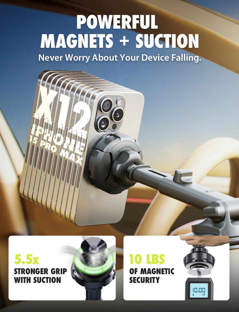 Bracketron MagAlign Max Magnetic Car Phone Holder, Vent Mount, MagSafe | MagSafe car phone mount with magnetic mount and suction base, vent holder for iPhone 17/16/15/14/13/12 models