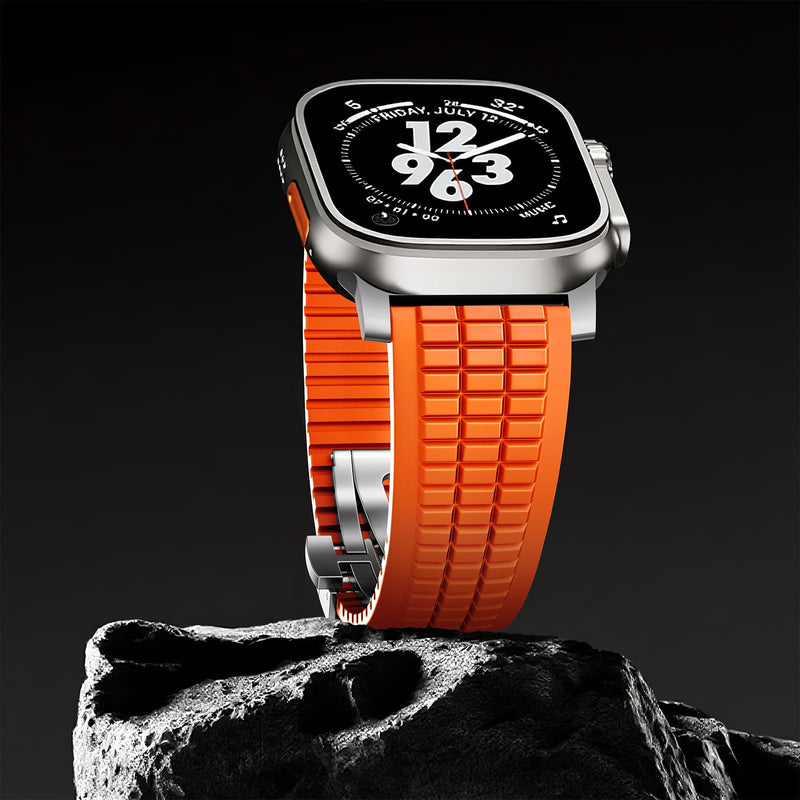 FKM Rubber Band Compatible with Apple Watch Ultra 2 Bands for Men 49mm 46mm 45mm 44mm, Luxury Rugged Silicone Strap with Metal Connector for iWatch Series 10 9 8 7 6 5 4 3 2 1 SE Orange-Silver 49mm/46mm/45mm/44mm/42mm(Series 3 2 1)
