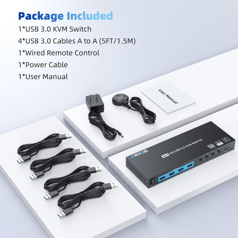 HDMI KVM Switch, Reyoten 1 Monitor 4 Computers, 4K@60Hz, Metal, 4 USB Ports Black Middle 1 Monitor 4 PCs
