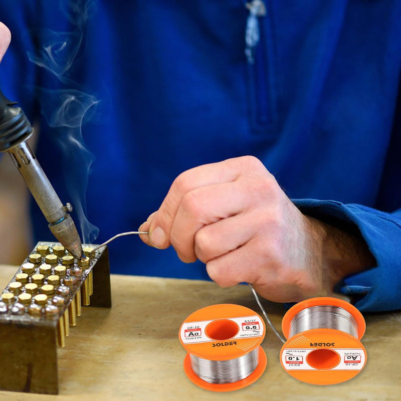 XIAQICA Solder 5 pieces 50 g solder with rosin core solder flux 0.6/0.8/1 mm with desoldering wire (2 mm/1.5 m) for DIY welding work and electrical repairs