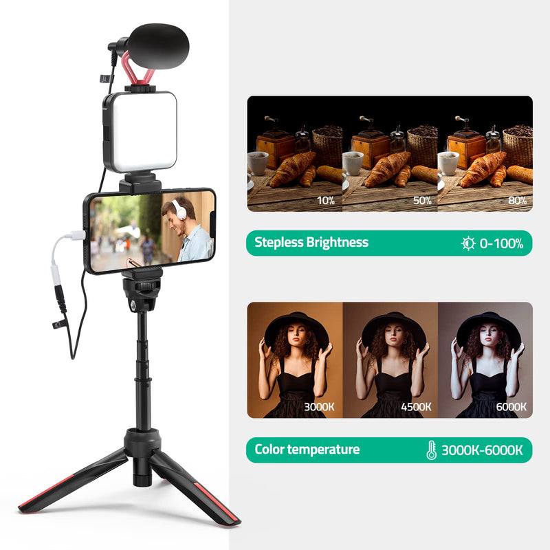 Smartphone Video Vlogging Kit with LED Light, Phone Holder, Microphone, Tripod, Carry Bag, TECELKS YouTube Starter Kit for iPhone/Android, Content Creator Kit for Video Recording Vlogging
