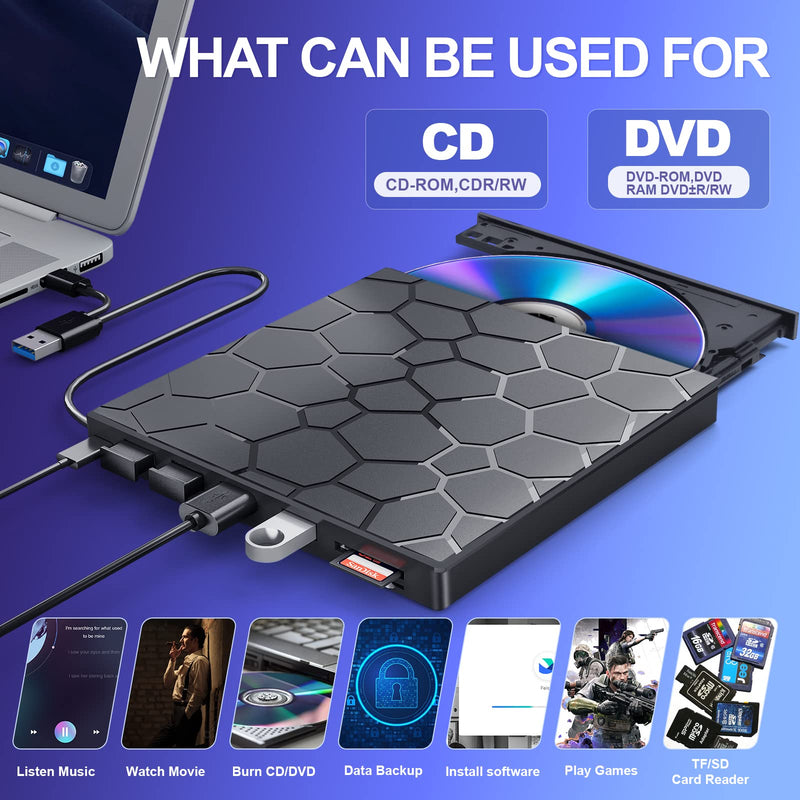 BPAKDU External CD/DVD Drive for Laptop, DVD Player for Laptop, 8 in 1 USB 3.0 Ultra-Slim Portable, CD Burner External Disk Drive Optical Compatible with Desktop Mac,Windows 11/10/8/7 Linux Black