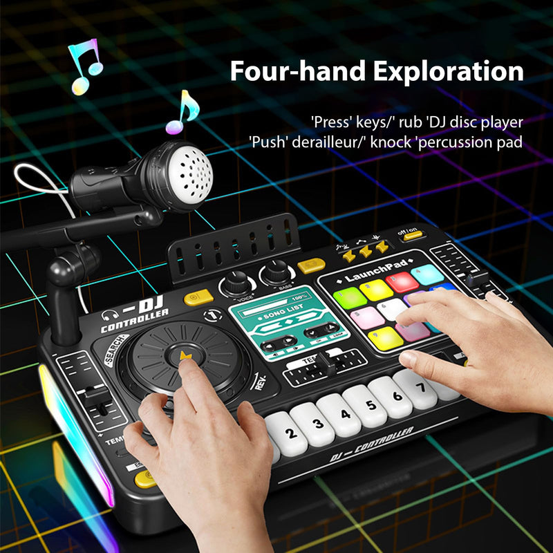 Kids DJ Controller DJ Mixer Table DJ Equipment with BT 5.0 Adjustable Microphone 8 Electronic Keyboard Buttons 3 Disc Sound Effects 12 MIDI Songs Light-Up Whack-A-Mole Game Black