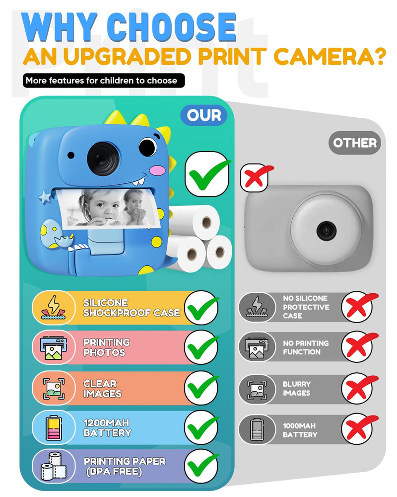 Kids Camera Instant Print, Christmas Birthday Gifts for Kids Age 3-8, 1080P Digital Camera with Silicone Cover, Toddler Portable Travel Toys for 3 4 5 6 7 8 Year Old Girls Boys-Blue Blue