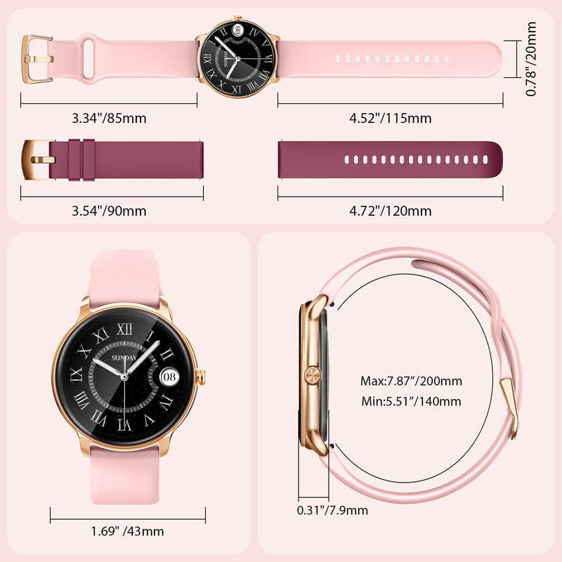 Smart Watch for Women Round Android iphone compatible IP68 Waterproof | Zolovip Womens Fitness Watch Answer/Make Call, Ultra thin 1.32" AMOLED, 100+ Sport Modes, Health/HR/Sleep, 2 Straps