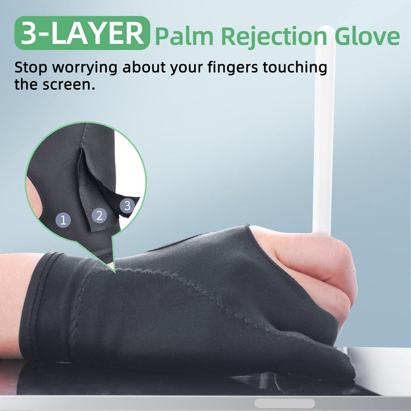 Artist Drawing Glove 3-Layer Palm Rejection [2 Pack Black] Right Left Hand Digital Art Graphic Tablet iPad Gloves Two Finger Smooth Elasticity Breathable for Stylus Pen Pencil Sketching Painting 2-Pack Black Gloves