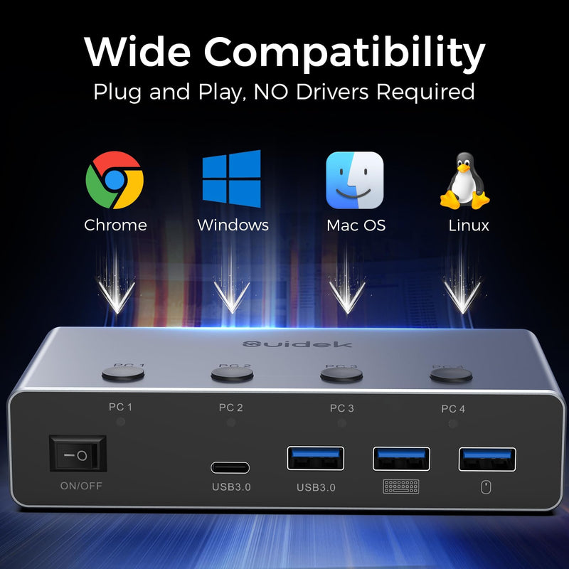 SUIDEK 8K@60Hz HDMI KVM Switch 4 Computers 1 Monitor-4 Ports USB 3.0(3A+1C) | Aluminum KVM Switches, Share 1 Monitor Keyboard Mouse Printer - Includes 4 USB Cables, Desktop Controller & 12V Power Adapter