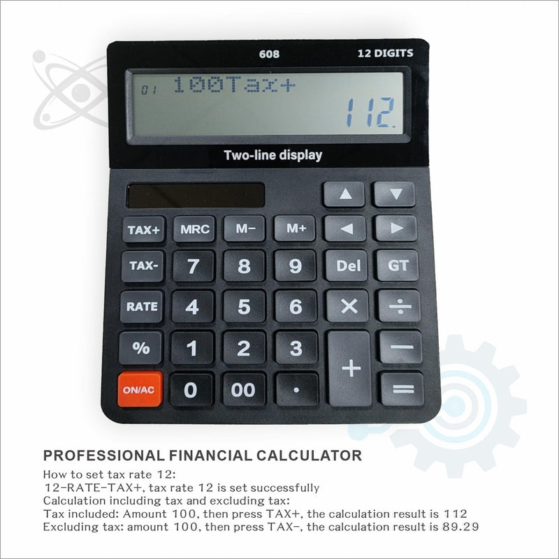 DECKLIT Battery and Solar Unique 120-Step Calculation Check 12 Digit 2 Line Extra Large Calculator Big Buttons and 5.5" LCD Display, Configurable Tax Rate Financial Calculator for Tax Calculations 2 line black