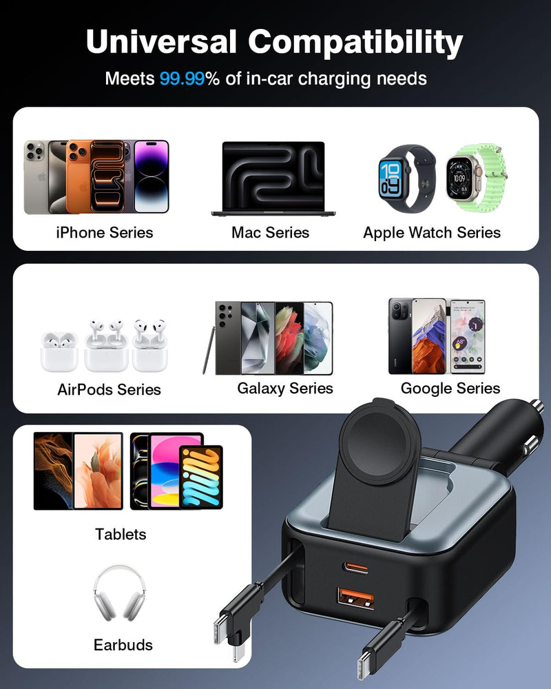 6 in 1 Retractable Car Charger, 100W USB C + USB A Fast Charging for iPhone 17/16/15/14/13/12/11, iWatch, Android, Travel Essentials Car Accessories, Gift for Men & Women Grey