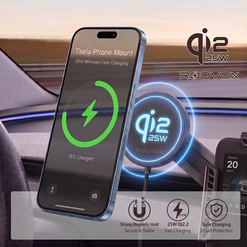Qi2.2 25W Phone Mount Compatible with Tesla Model 3/Y, Screen Clamp | 1.5 m (4.9 ft) braided USB-C cable supports flexible in-car routing; folding arm and dual-ring magnets aid positioning