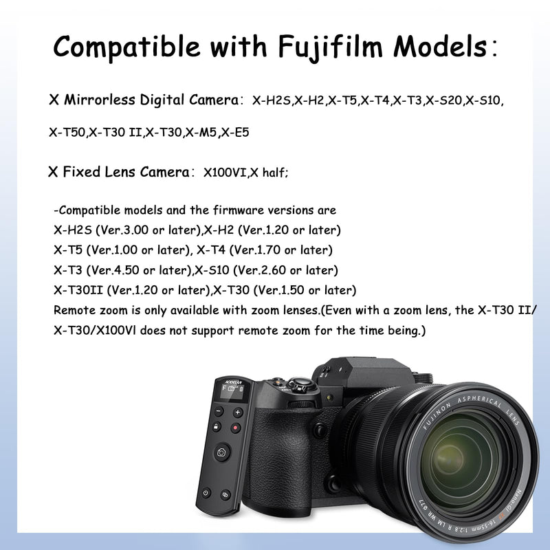 for Fujifilm Camera Rechargeable Shutter Release, AODELAN Wireless Remote Control Compatible with Fuji X-T30 II,X-S10,X-H2,X-H2S,X-T3,X-T4,X-T5,X-S20,X-T30,X-T50,X-M5,X100VI,X-E5,X Half Upgrade Black for Fujifilm