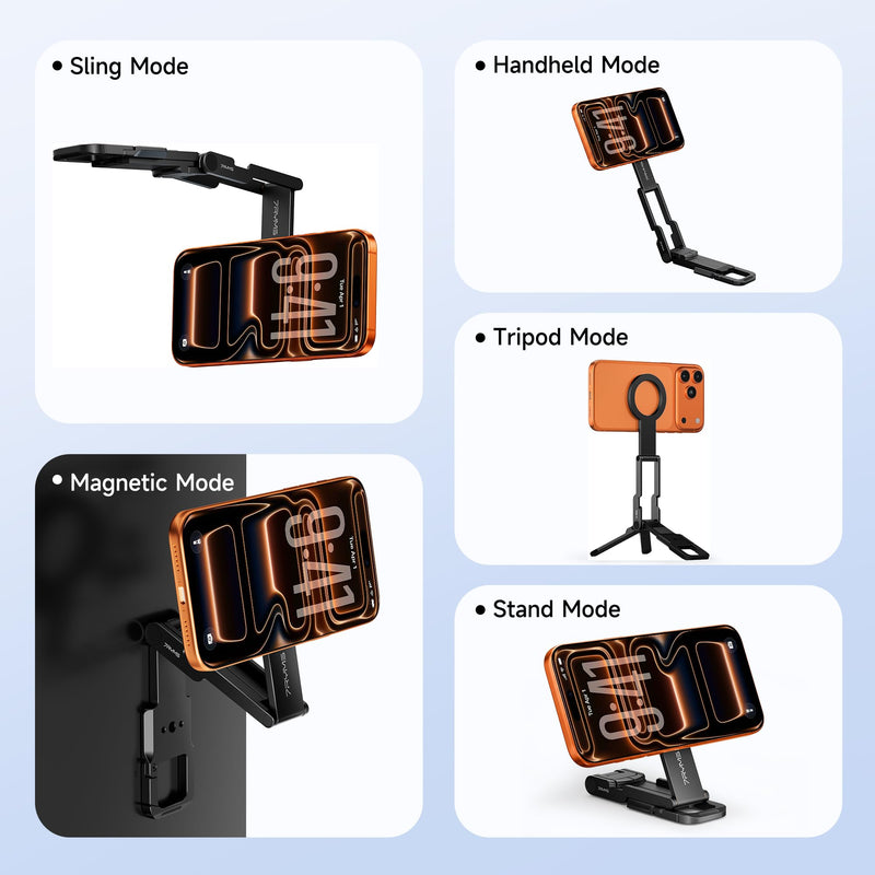 7RYMS 7RIG T1 Magnetic Phone Tripod for iPhone/Android, 1/4" Screw for Vlog | Aluminium MagSafe Phone Holder with Magnet Foldable Hook, Mini Smartphone Stand for Gym, Travel, Filming, Video Recording Black