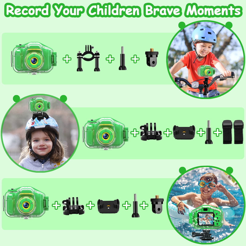 [AUSTRALIA] - Agoigo Kids Waterproof Camera Toys for 3-12 Year Old Boys Girls Christmas Birthday Gifts HD Children's Digital Action Camera Child Underwater Sports Camera 2Inch Screen with 32GB Card (Green) Green 