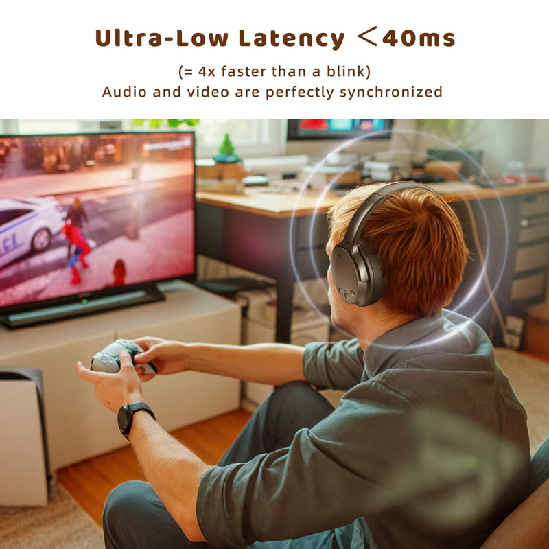 Holdsound Wireless Headphones for TV, TV Headphones Wireless for Seniors with USB Extension Cable Transmitter,Auto-Reconnect, No Lip-Sync Delay, 40H Battery, Plug & Play, Gifts for Elderly Black