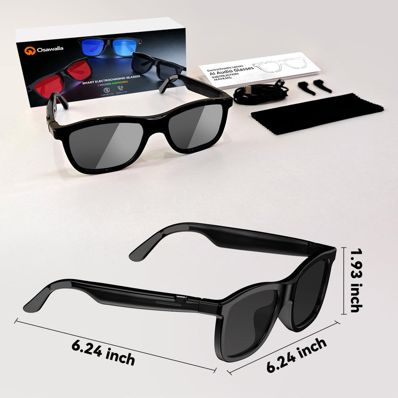 2026 Smart Audio Glasses with Electrochromic Lenses, Adjustable Tint Sunglasses for Driving,Travel,Daily Use,Open Ear Bluetooth 5.4, AI Translation, Premium Tech Gadget Gift for Men Women BLACK