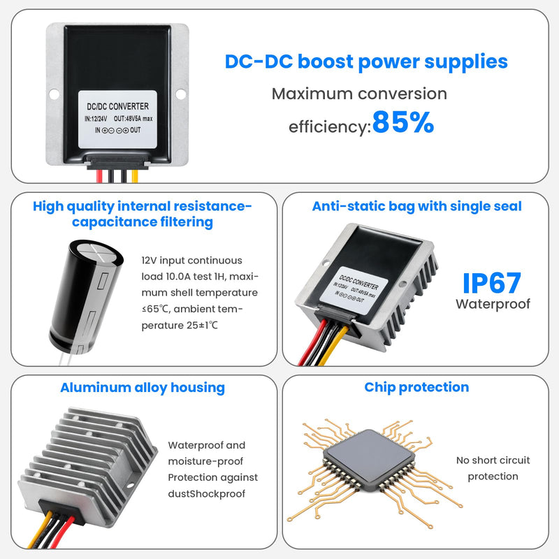 [AUSTRALIA] - 240W DC-DC Boost Converter, 12V/24V to 48V 5A Boost Transformer - Waterproof IP67,Suitable for Golf Carts, Solar Panels, Electric Scooters, Overload/Short Circuit Protection Grey-DC 12V to 48V5A 