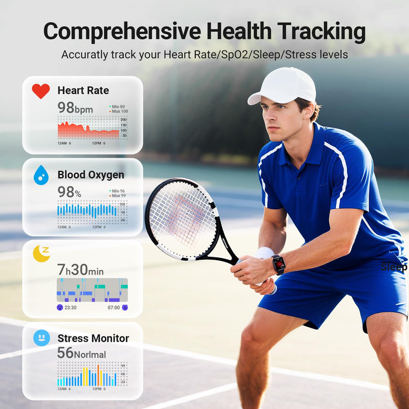 Smart Watches for Men (2 Bands), [1.85" AMOLED Screen] Fitness Tracker | Compatible with Android/iPhone, 3ATM Waterproof, Bluetooth Calls, AI Control, Heart Rate/SpO2/Sleep Monitor, 7 Days Battery Black