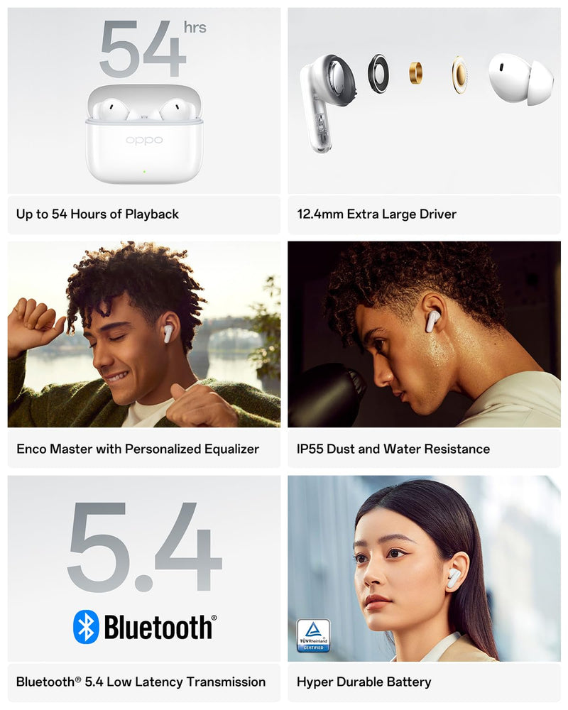 OPPO Enco Buds3 Pro True Wireless Earbuds, Bluetooth 5.4 in-Ear Headphones Stereo, Clear Vocals, Deep Bass, 54H Playtime, 12.4mm Dynamic Driver, Personalized Equalizer, IP55, White Glaze White
