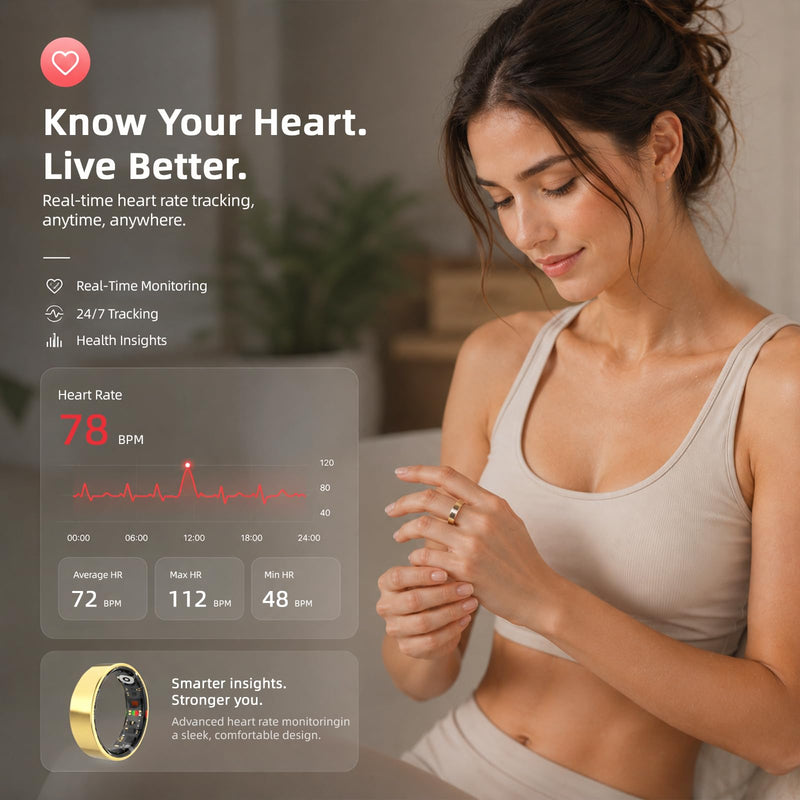 Smart Ring Health Ring Fitness Tracker with 24/7 Sleep Tracking Activity Tracker Step Counter Calorie Fitness Ring for Women & Men iOS & Android (Gold, 8) Gold