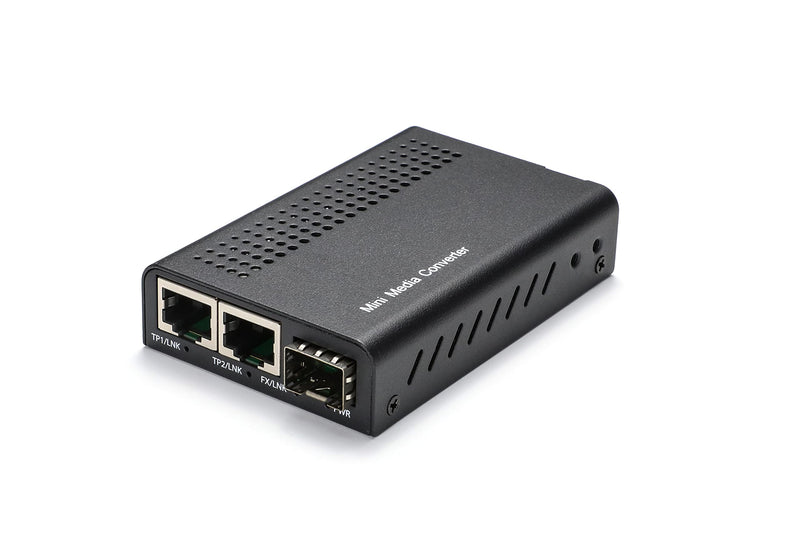 QSFPTEK Mini Unmanaged 2X 10/100/1000Base-T RJ45 to 1000Base-X SFP, Gigabit Ethernet to Fiber Media Converter, AC 100V~240V or DC 5~12V Optional 2RJ45 to SFP