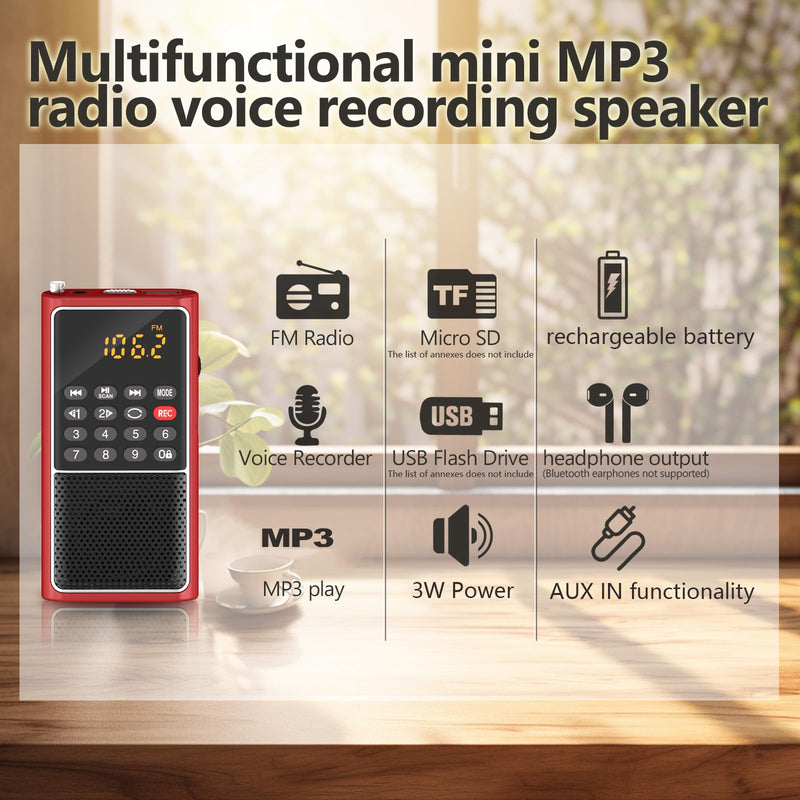 [AUSTRALIA] - Small FM Radio Pocket Portable Radio,Rechargeable Battery Operated,USB/Micro SD Card/TF Card Slot Mp3 Player,Numeric Key, with Recorder,Excellent Reception and Sound,Suitable for Home & Outdoor Use RED 