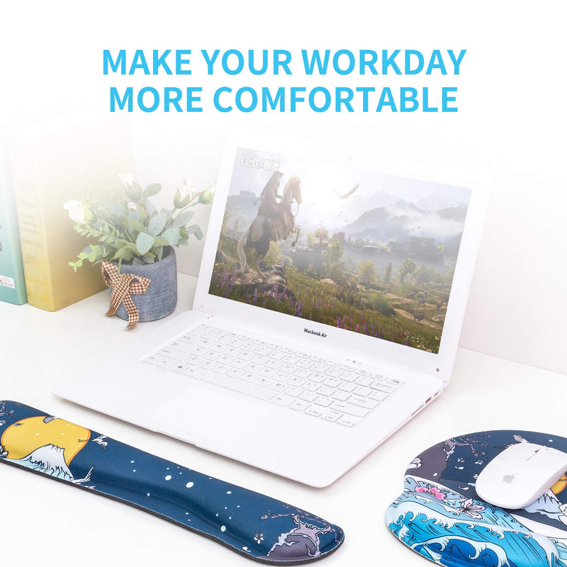 AORTDES Memory Foam Ergonomic Keyboard Mouse Pad Wrist Support Set - Non Slip Mousepad Wrist Rest for Computer/Gaming/Office - Comfortable for Easy Typing & Pain Relief(Fujiyama & Moon & White Crane) Kwrp-01a