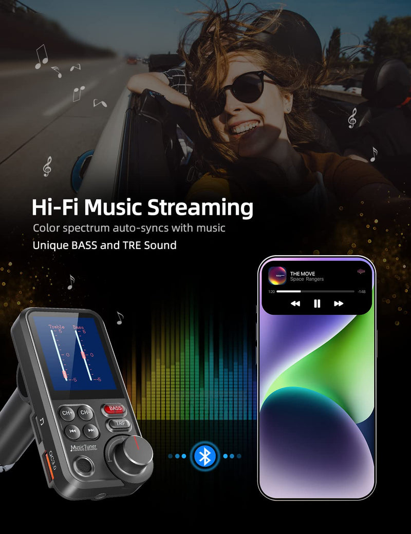 Nulaxy FM Bluetooth Transmitter for Car, Strong Microphone Bluetooth Car Adapter with 1.8" Color Screen for Hands Free Calls, Supports QC3.0 Charging, Treble and Bass Sound Music Player- KM30 Black